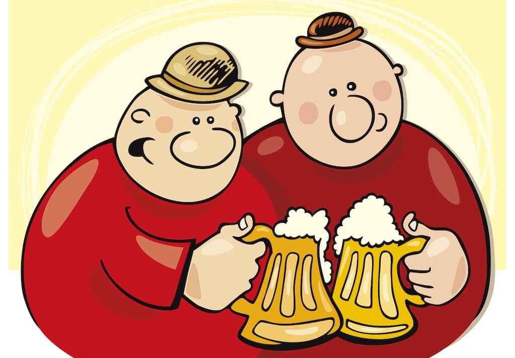 Kompisar dricker öl med ölmage